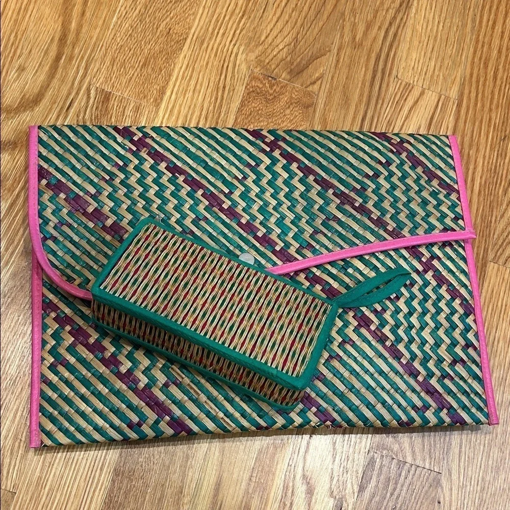 vintage mayan Woven wicker Clutch and Wallet Set Pink Trim purple green bundle
